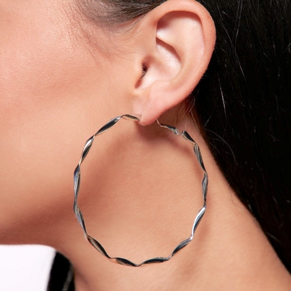 3” Twisted Silver Hoop Earrings Large Swirled Hoops Boho Maximalist Minimalist
